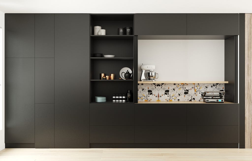 A wooden cabinets with items placed on it’s partitions