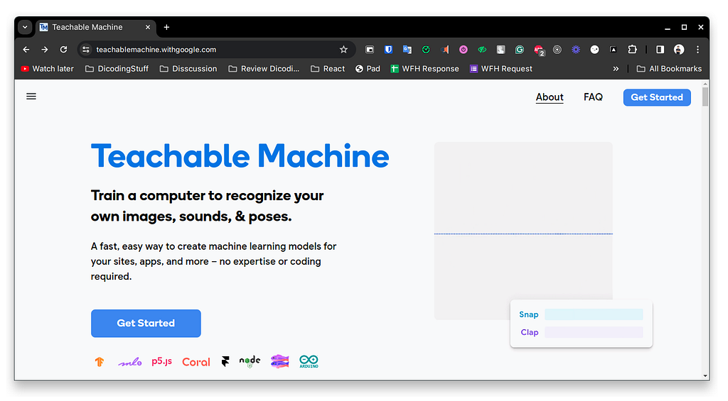 Teachable Machine homepage