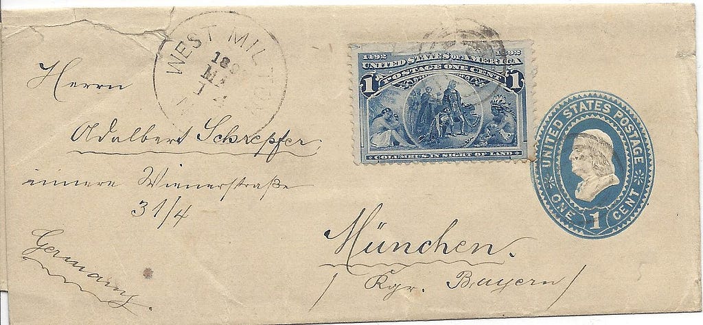 Wrapper mailed from West Milton, NY, in 1893 to Munich, Bavaria