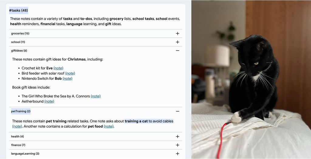 A photo of a black cat sitting on a bed with white sheets and extending a paw toward a red cable lying on the bed. Left photo: An AutoNotes screenshot of the hierarchical tag/summary interface with Alejandra’s personal notes. The top-level tag is #tasks (48 notes), underneath is a highlighted subtag #petTraining (2 notes), then #health (4 notes); #finance (7 notes); and #languageLearning (3 notes).