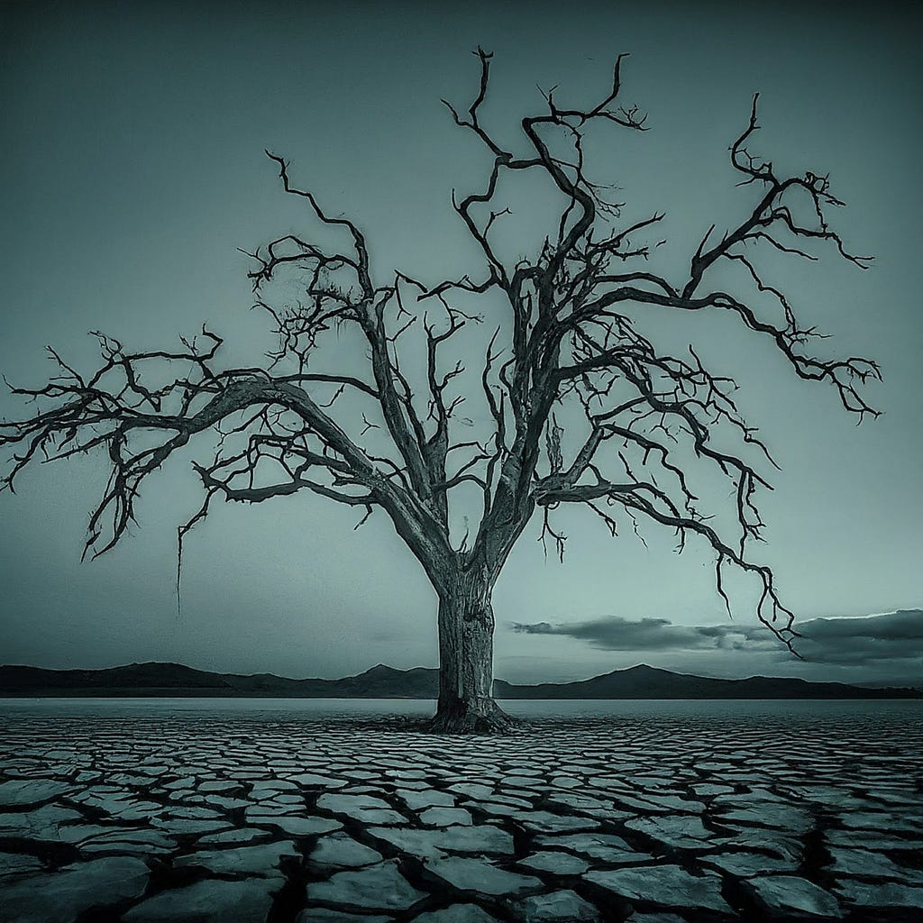 A lone tree standing strong in a field of cracked earth. This image represents the resilience of nature in the face of environmental challenges.