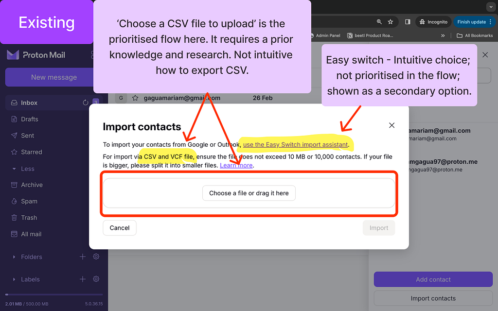 An image is a screenshot of Proton Mail, where the user clicks on an ‘import contacts button and sees a modal with two options for importing contacts.