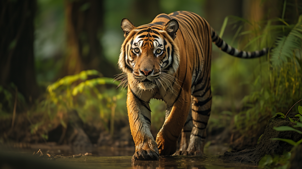 Wildlife photography of a Royal Bengal tiger walking in a forest in the Sundarbans delta (generated by Midjourney)