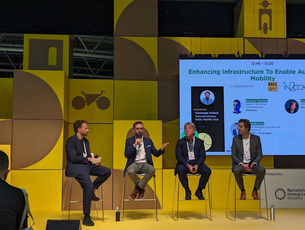 “Enhancing Infrastructure to enable Autonomous Mobility” panel at the Smart City Expo World Congress 2023. Concretely at the Tomorrow.Mobility plaza, with Cristoph Volath (moderator), myself speaking next to André Perpey and Coen Bresser.