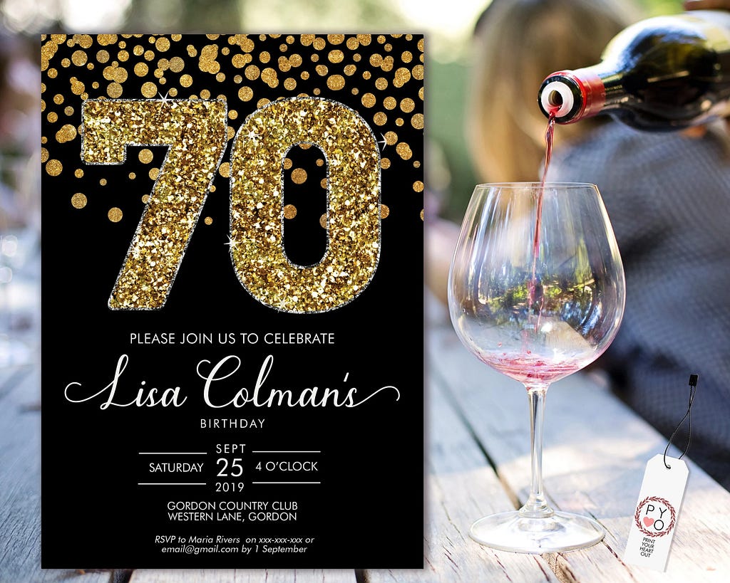 DIY 70th Birthday Confetti Invitation Printable Template, Black Gold Glitter Editable Birthday