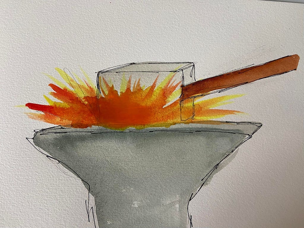 A photo of a watercolor painting of a hammer with a grey head and brown handle smashing into a grey anvil, generating fire.