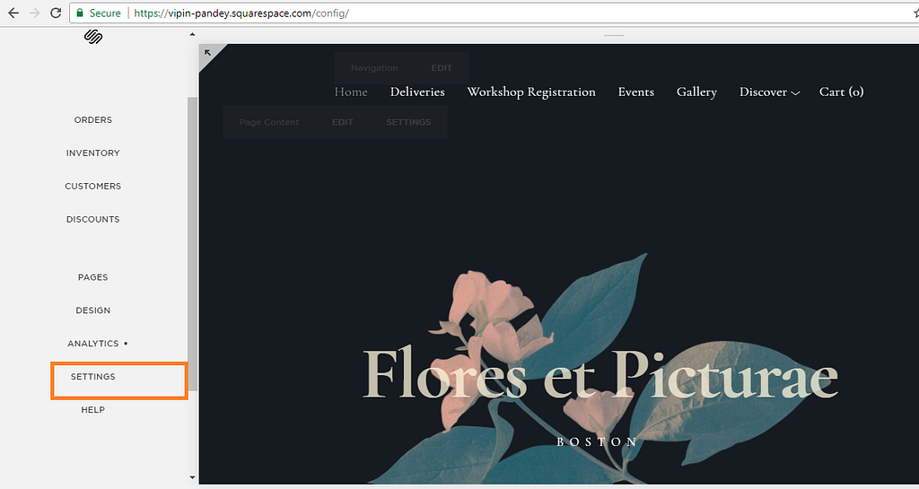 Screenshot of a Squarespace website editor, with the "Settings" menu option highlighted.