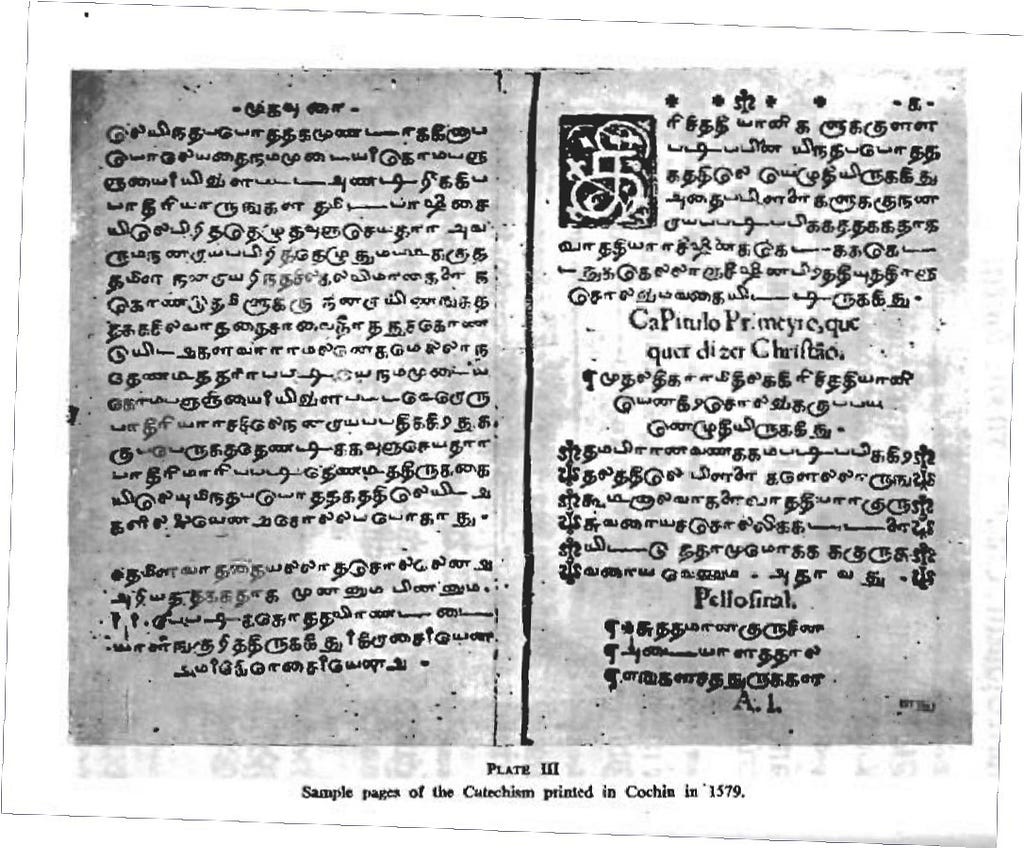 A historical printed page from the Catechism published in Cochin in 1579. The text is in Tamil script with some Latin phrases, featuring an ornate decorative initial and traditional calligraphic elements