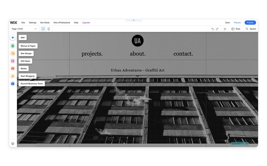 A project in Wix drag-and-drop visual editor.