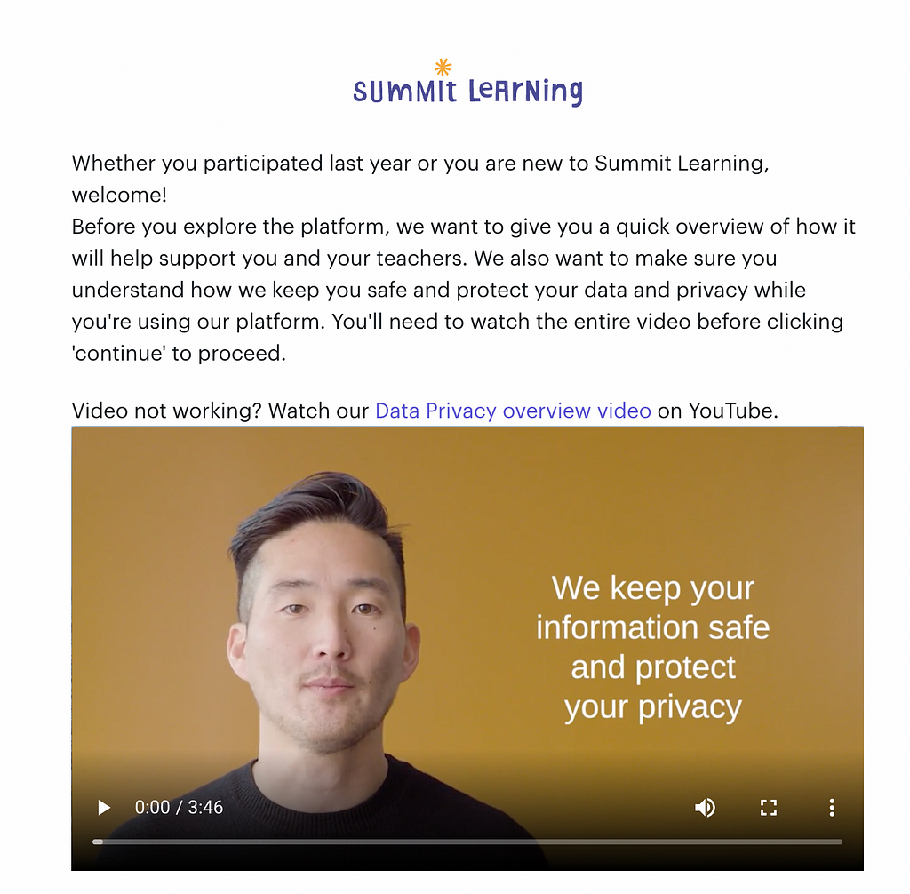 The Summit Learning TOS page. The sentence now reads “Watch our Data Privacy overview video on YouTube”, where the link text is “Data Privacy overview video”