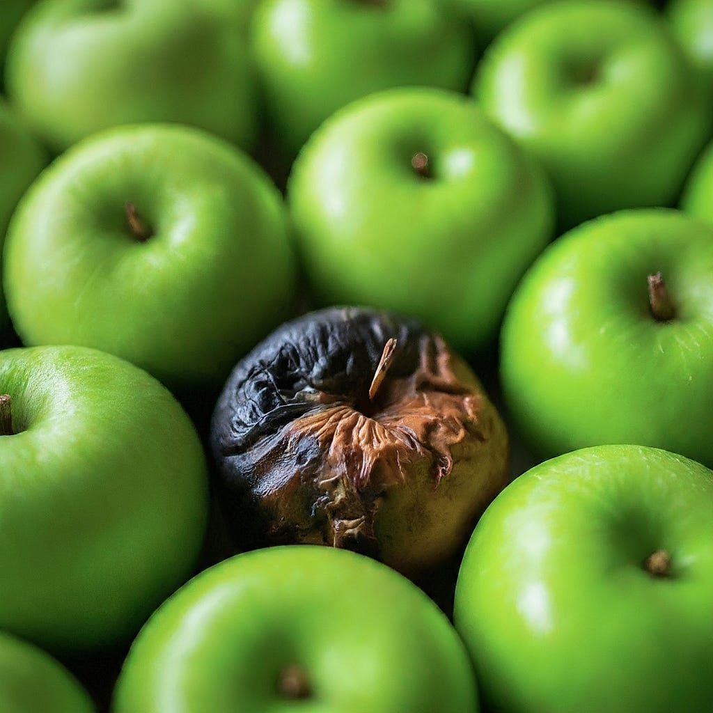 A rotten apple amidst fresh green apples symbolizing the deceit of greencrowding, where companies pretend to be eco-friendly but are not.