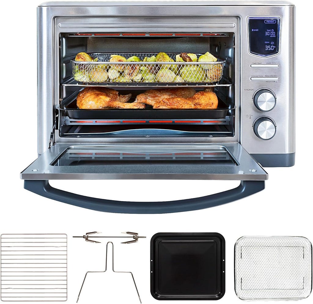 Kenmore Digital 11-In-1 Air Fryer Toaster Oven Combo, 26 Quart Countertop Convection Oven With Rotisserie And Dehydrator, 11 One-Touch Smart Cooking Presets, Accessories Included, Stainless Steel