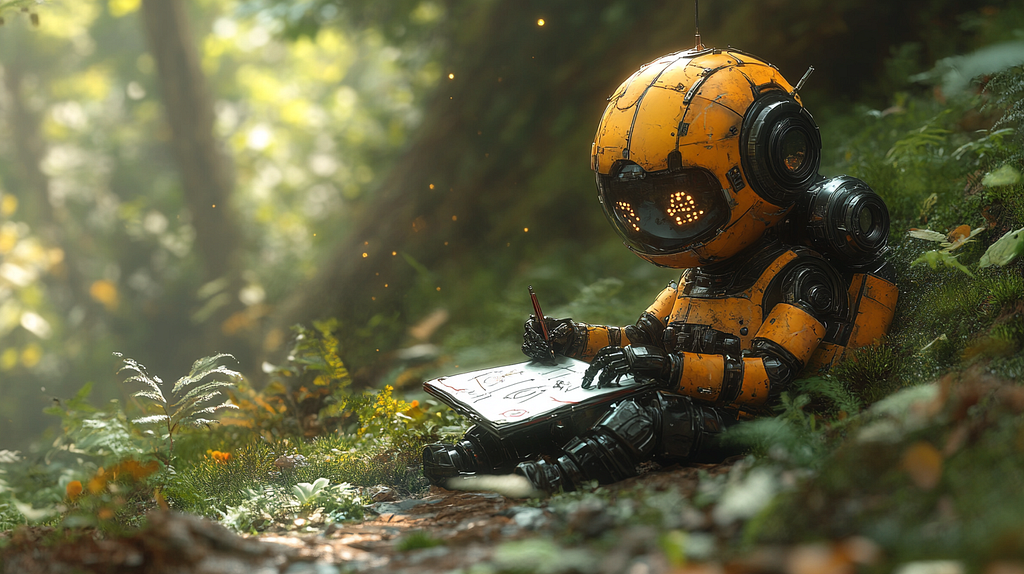 A cute robot methodically plans his next big software project. Image created by Midjourney.
