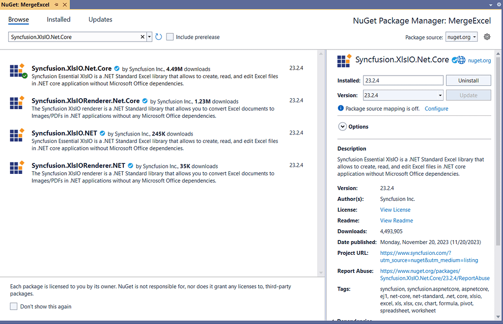 Install Syncfusion.XlsIO.Net.Core NuGet package