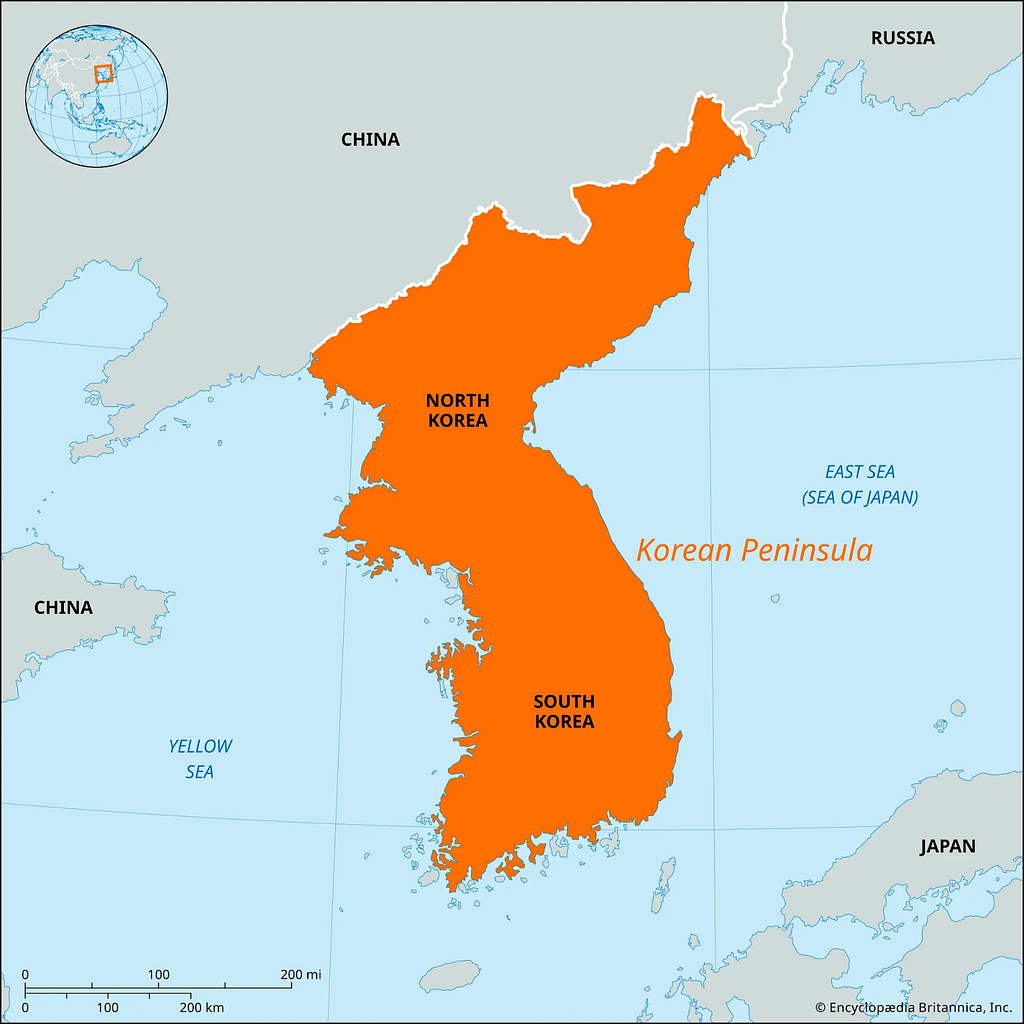 Map of the Korean Peninsula, indicating northern and southern regions.