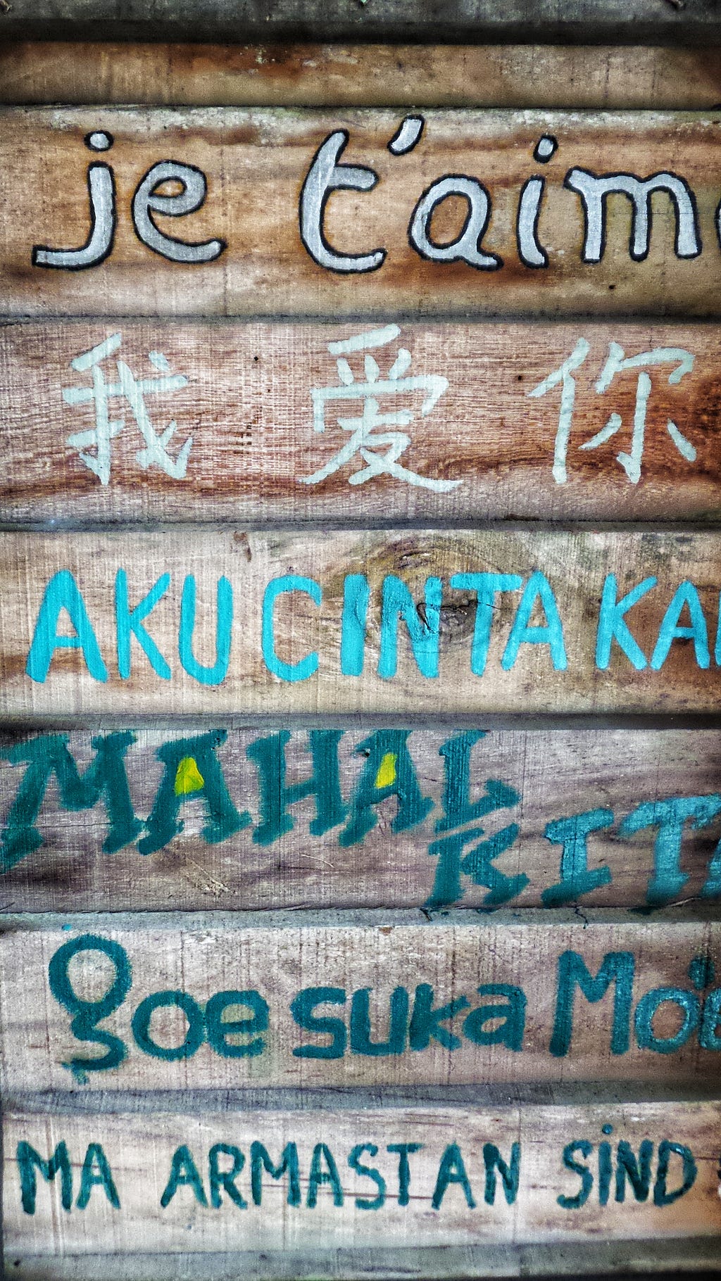 Wooden sign with “I love you” in many languages.