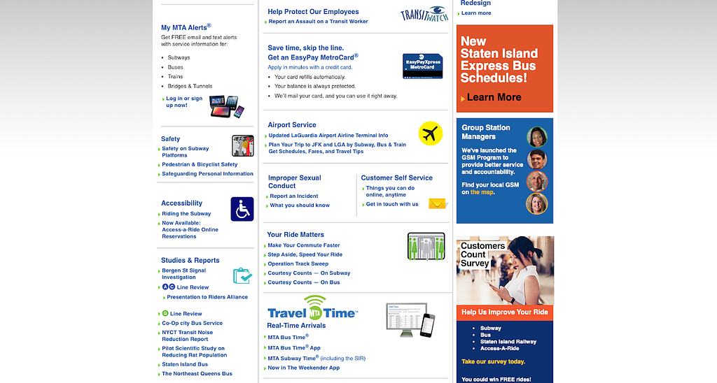 NYC’s metro homepage screenshot. Three columns of text with advertisements and hyperlinks in each column