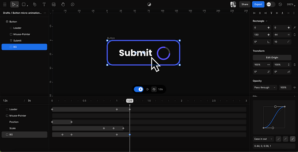 Phase’s interface showing the Submit button’s width increasing and the loader symbol appearing on the right of the button text