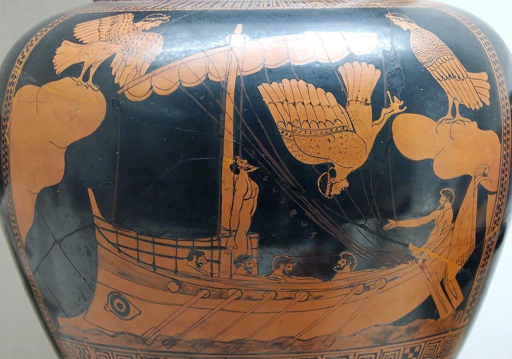 Black figure vase painting of Odysseus and the Sirens, eponymous vase of the Siren Painter, c. 480–470 BC, (British Museum). A man on a ship, tied to the mast. Birds with the heads of women swoop at him. His rowers are unperturbed as they have their ears plugged with wax.