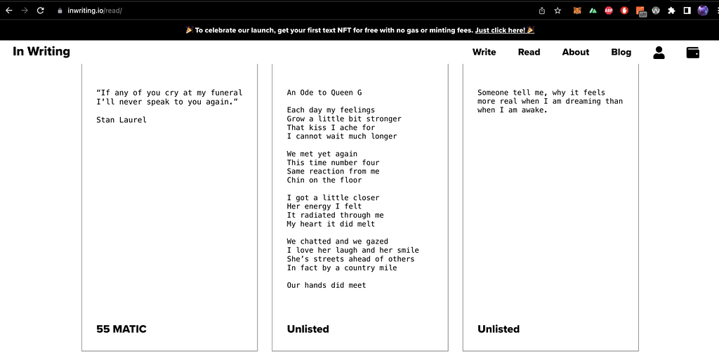 Screenshot of In Writing, with my poem being listed for 55 MATIC (~55 USD)