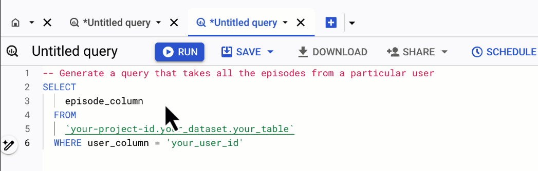 A gif showing the UI of the query editor in BigQuery. The user moves tabs around.