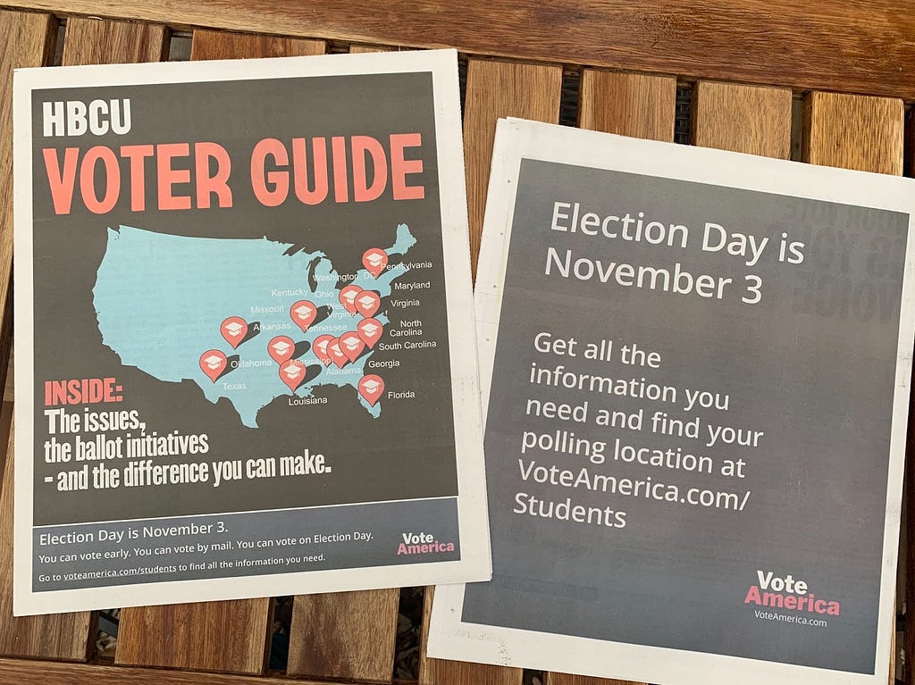 Two full-page newspaper ads advertising an HBCU voter guide and a VoteAmerica website where students could register to vote.