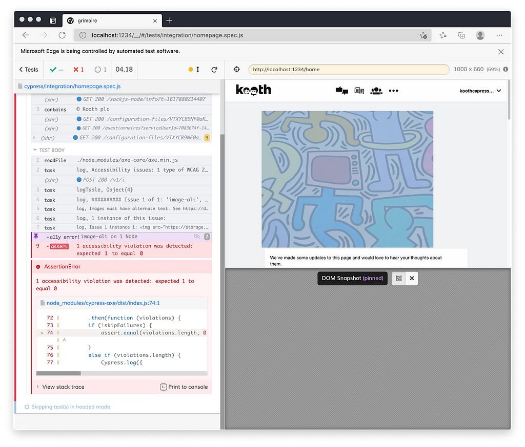 The Cypress Graphical User Interface. The testing log says that an accessibility violation was detected.