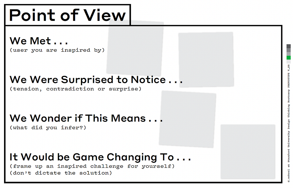 This worksheet from the Stanford d.school shows a process for establishing a point of view statement. By completing the sentence starts you can describe an insight. We met… (the user) We were surprised to notice… (contradiction or suprise). We wonder if that means… (your inference) It would be game changing to… (frame the challenge for yourself without naming a solution)