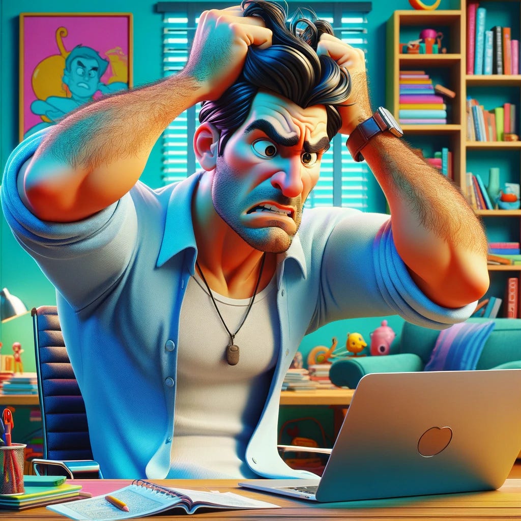 Pixar-style image of a man pulling his hair out in frustration by what he’s reading on his laptop.
