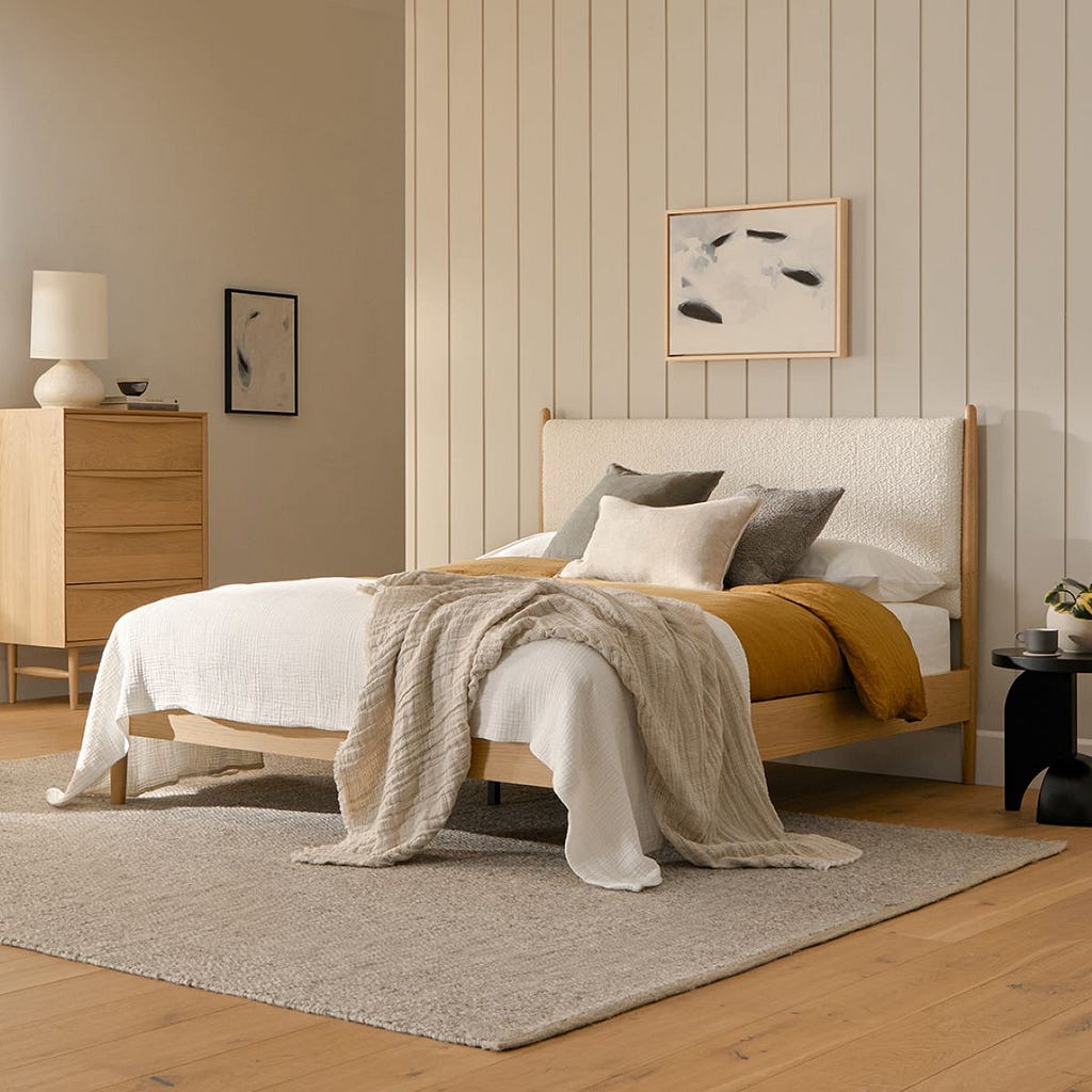 The Lenia White Bouclé & White Oak Bed from Article