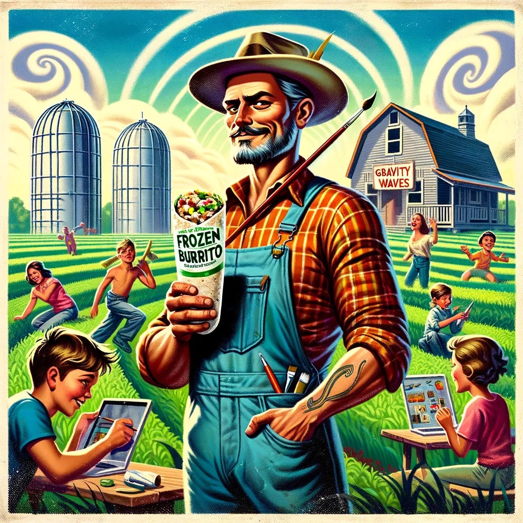 A snarky, vintage-style illustration of a rugged Indiana farmer holding a frozen burrito, standing in a vibrant, sustainable farm. Kids are playing and learning in the background. The scene has a whimsical, dream-like quality with subtle gravity waves incorporated into the sky. The farmer has an artistic flair, with a paintbrush tucked behind his ear and a thoughtful, slightly mischievous expression. The overall style evokes humor and Midwest charm, reminiscent of J.D. Salinger’s tone.
