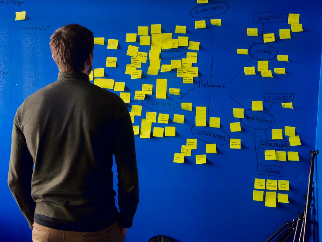 Solo designer staring at a wall of sticky notes