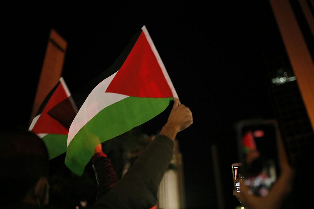 Protesting with one hand and a flag against Israel’s oppression of Palestine. person holding green white and red flag