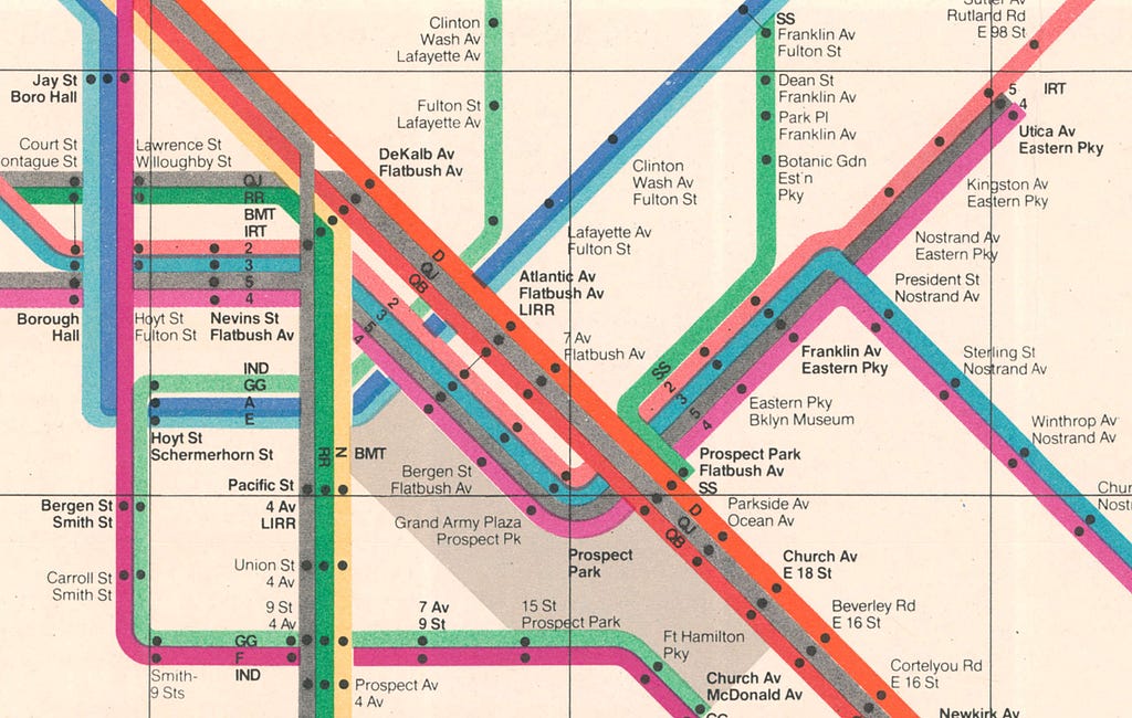 A cropped view of Massimo Vignelli’s 1972 iconic redesign of the New York subway map.