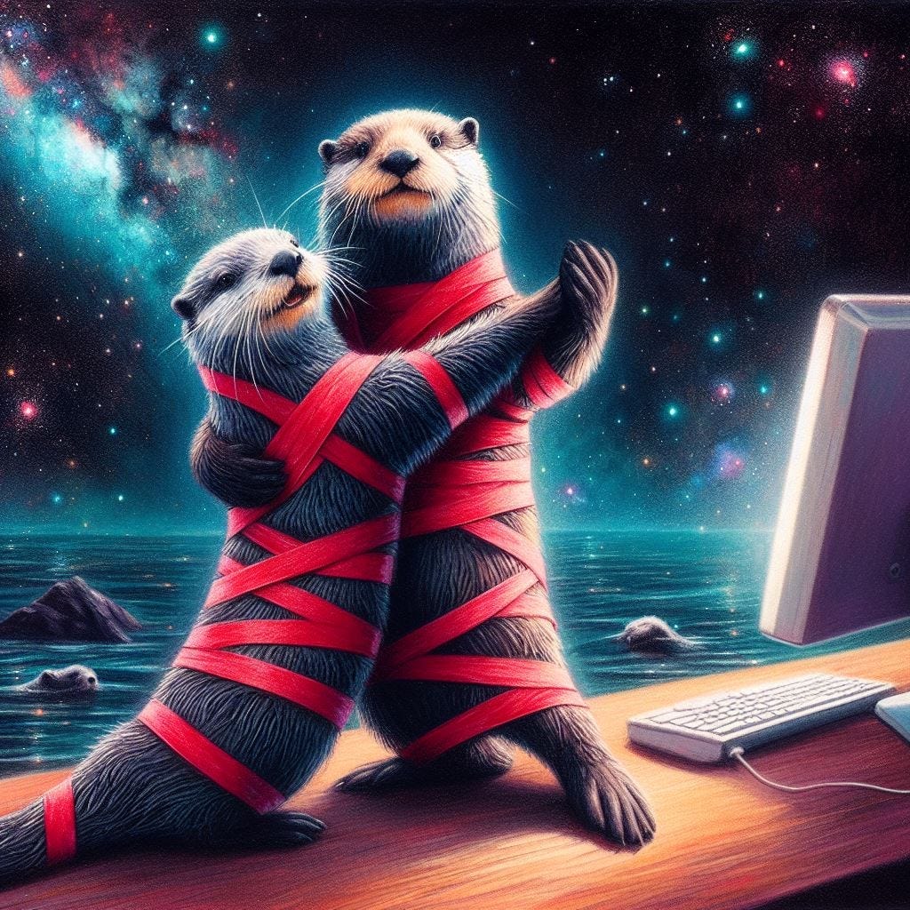 Sea otters dancing the tango with red tape while in front of a computer. Oil pastel, galaxy vibe. Image generated with AI via Dalle3.