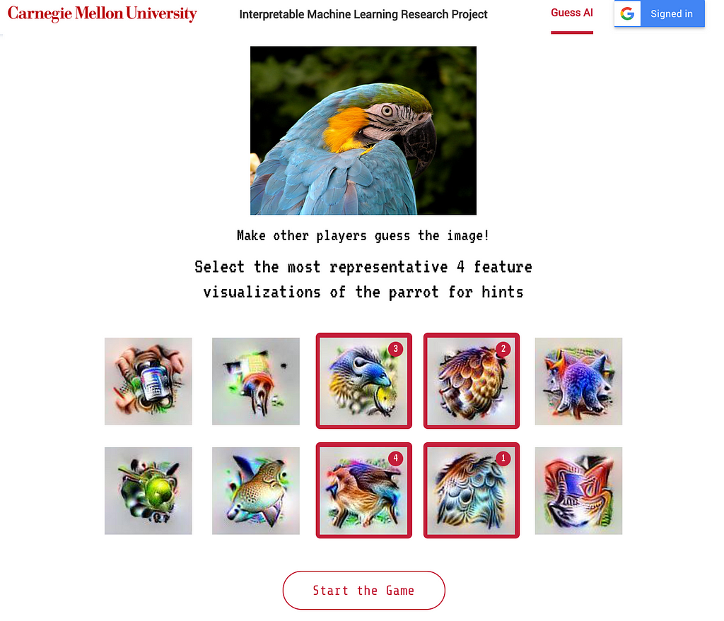 An image of a parrot. 10 visualizations of parrot features are shown and player selects top 4 to start the game.