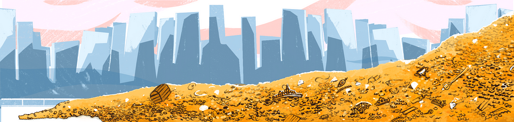 The illustration depicts loads of gold against the background of skyscrapers