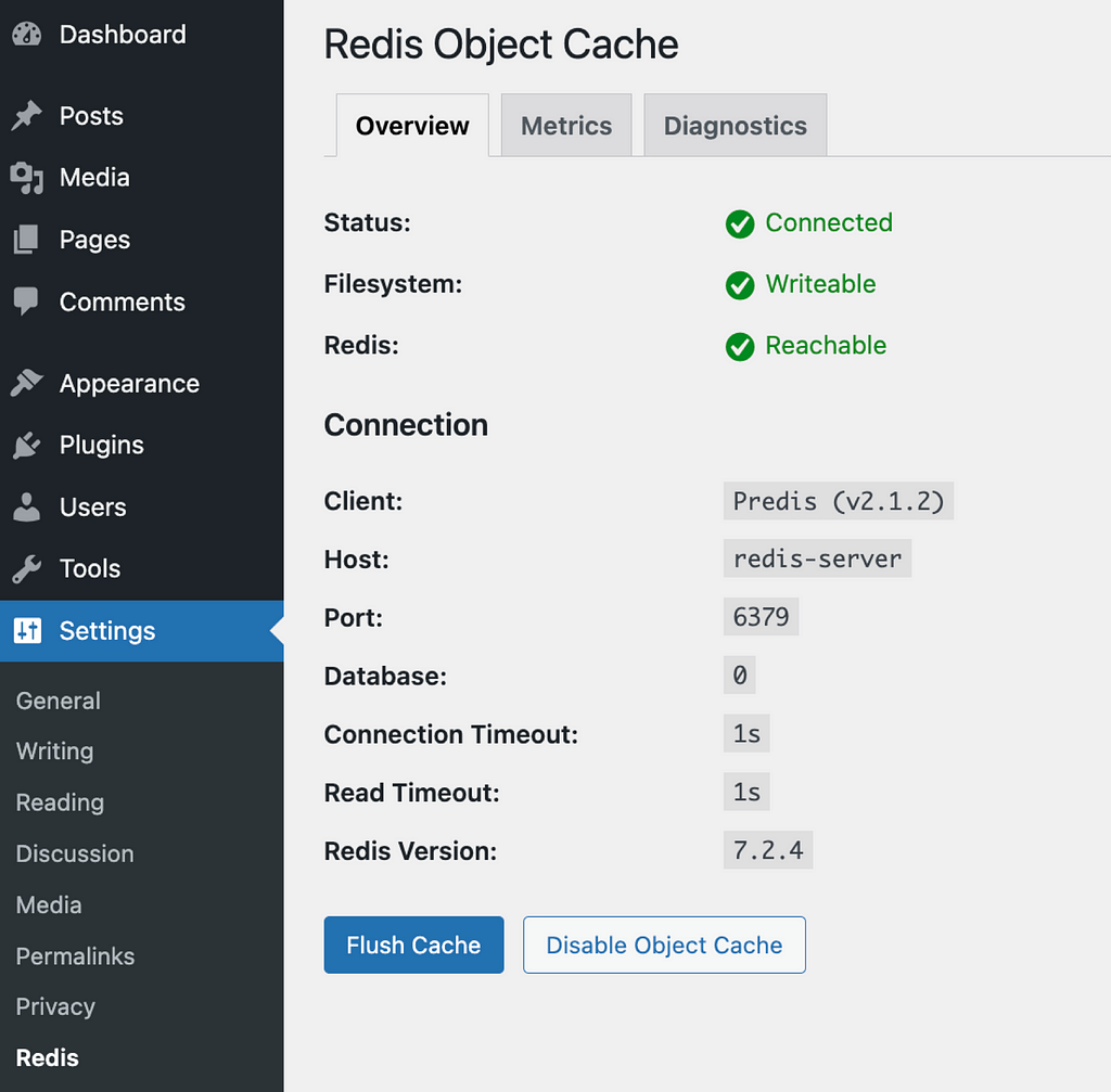 Redis Object Cache Plugin Settings in WorePress Dashboard