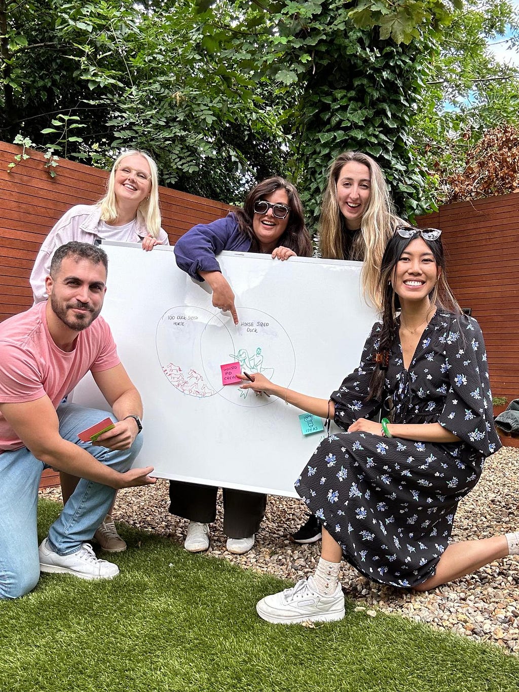 Gousto product team members crouched around a whiteboard, smiling