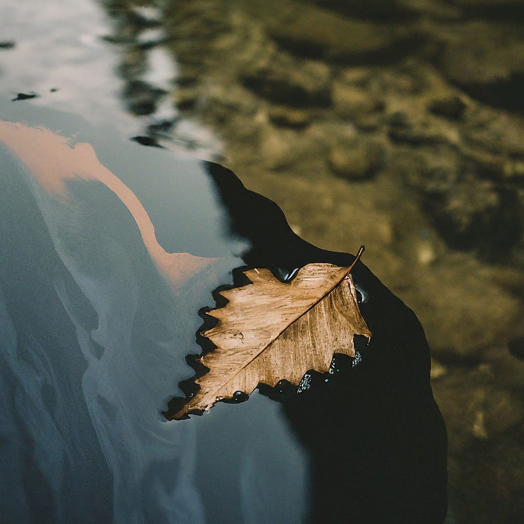 A single, dry brown leaf floating on calm water, symbolizing the cycle of life and the importance of water conservation in sustainability.