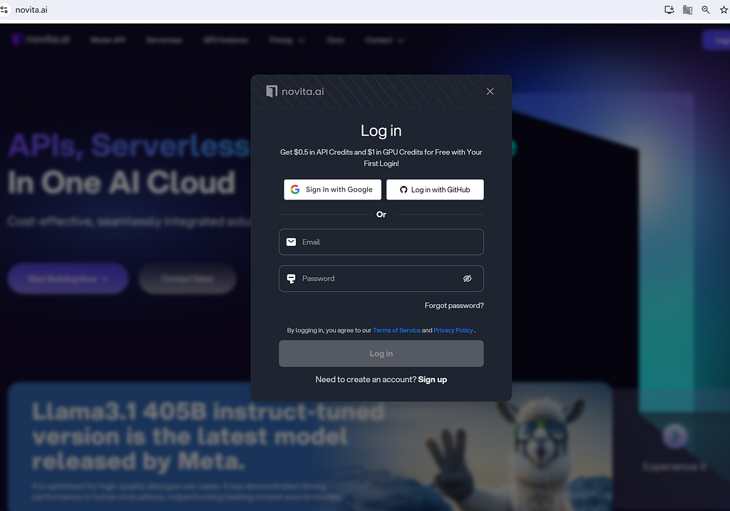 Novita AI Website, log in for sign up
