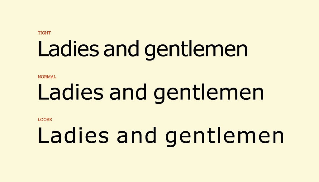 Three lines of the words “Ladies and gentlemen” with the top line set with very tight letter spacing, the middle normal and the bottom line with loose letter spacing.