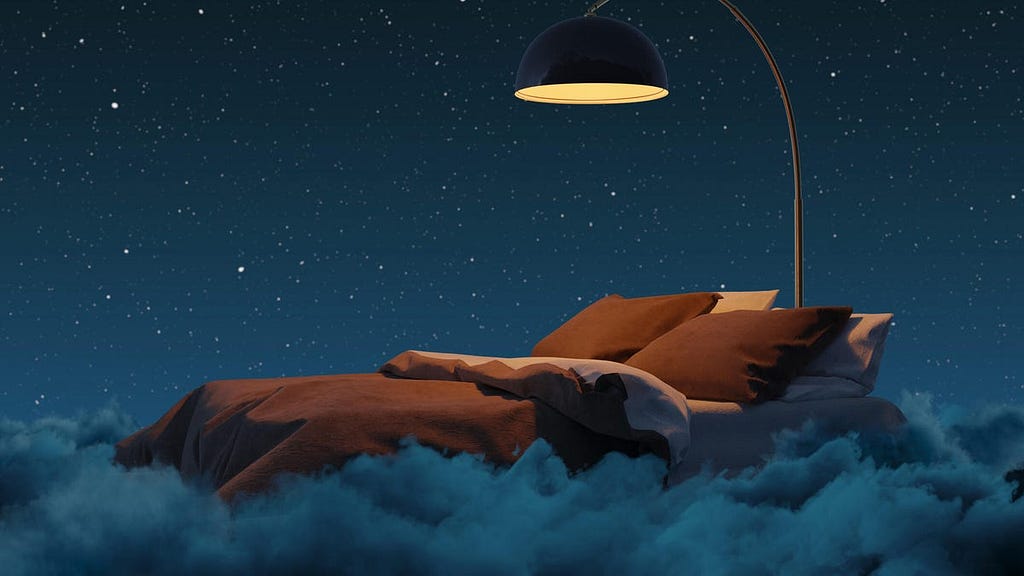 A bed on clouds with a lamp hanging over and a beautiful sky full of stars above.