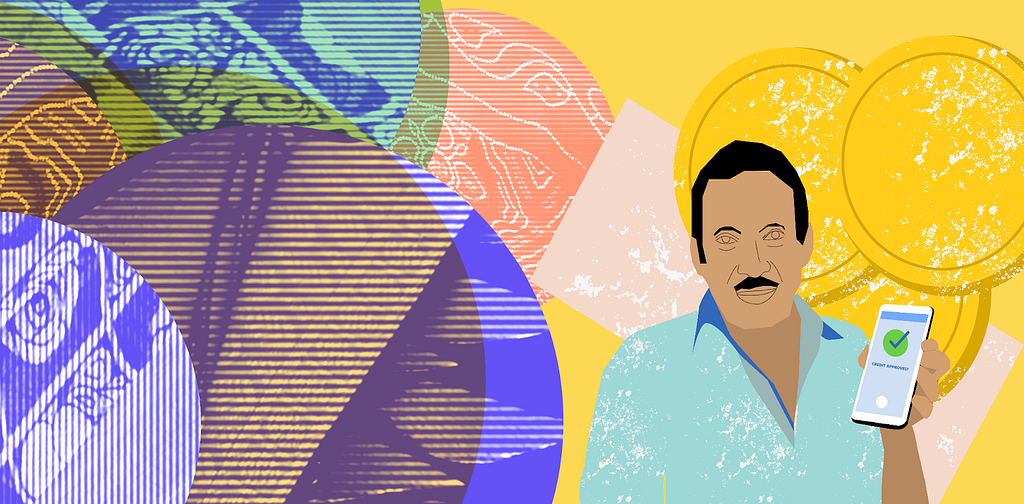 Illustration of South Asian adult man with mustache holding a smartphone, against a yellow background with patterns and textures to the left