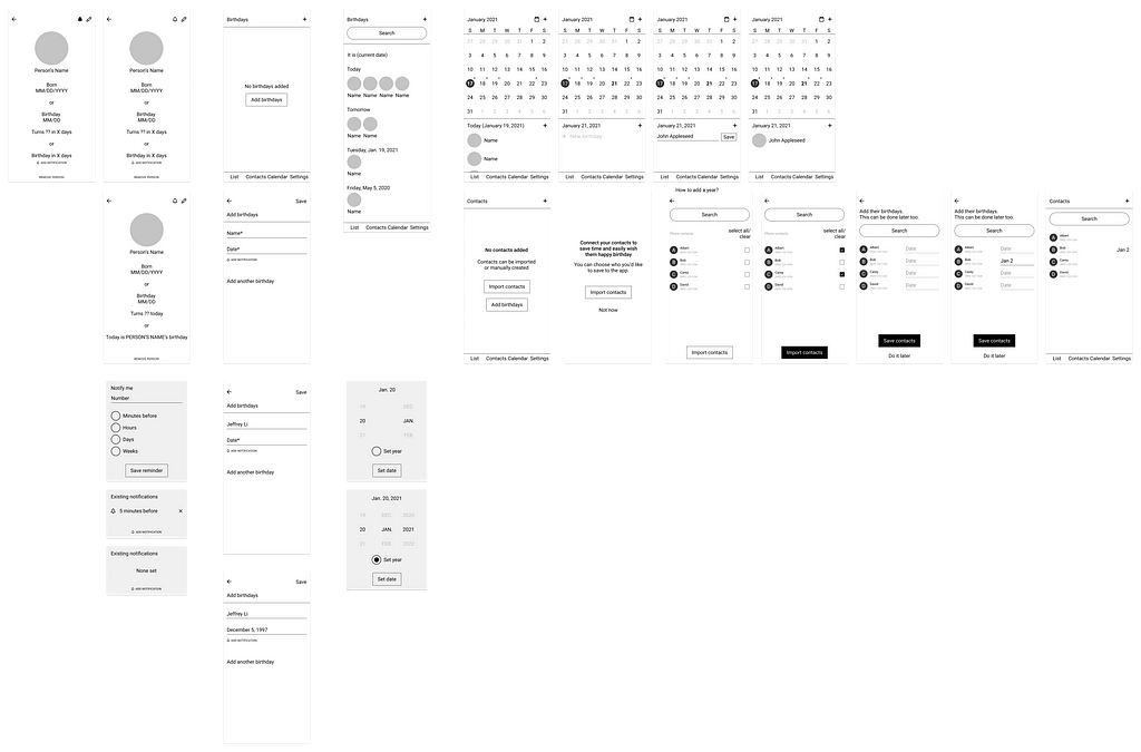 Screenshot of all the initial wireframes for the app.