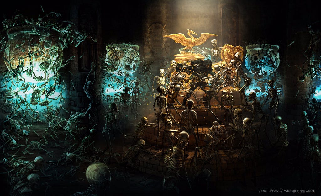 An adventurer fights off hordes of skeletons in an ancient tomb.