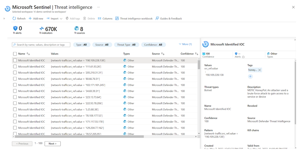 A screenshot of the Microsoft Sentinel threat intelligence module