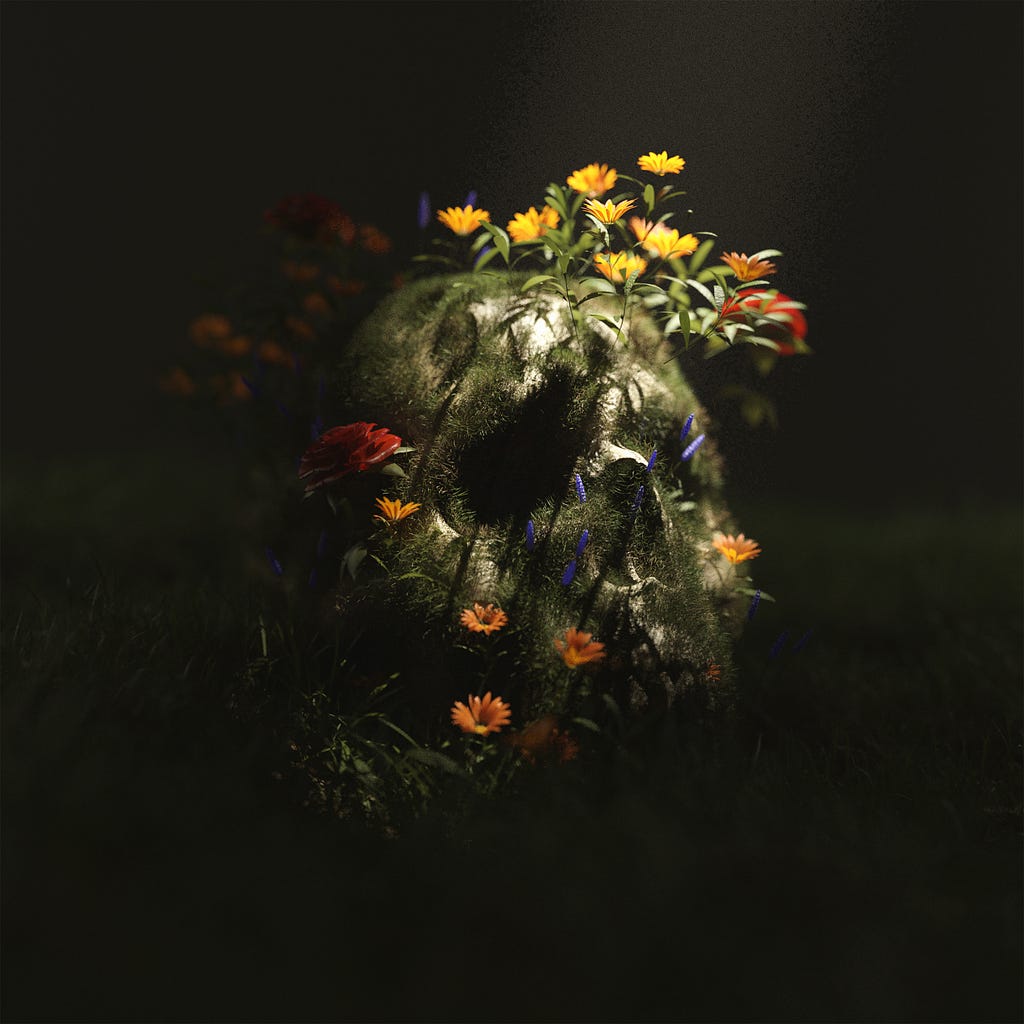 A dark background with a human skull in the center. The skull is covered in moss and bright flowers.