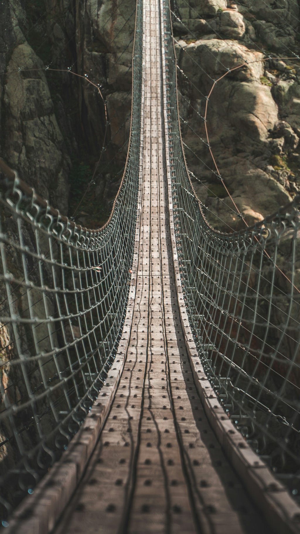 A long rope bridge drops precariously over the ravine and runs far into the distance. There are rocky outcrops all along the sides of the bridge.