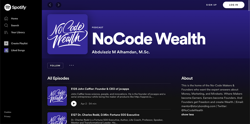 The NoCode Wealth Podcast Webpage